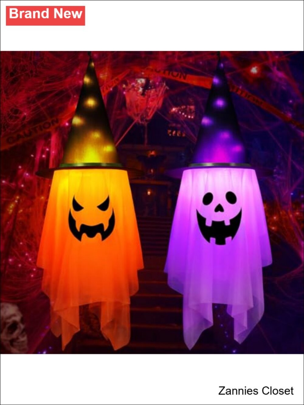 👻 2 Pc Lighted Halloween Ghost Witch Hats Outdoor Hanging Decor Remote